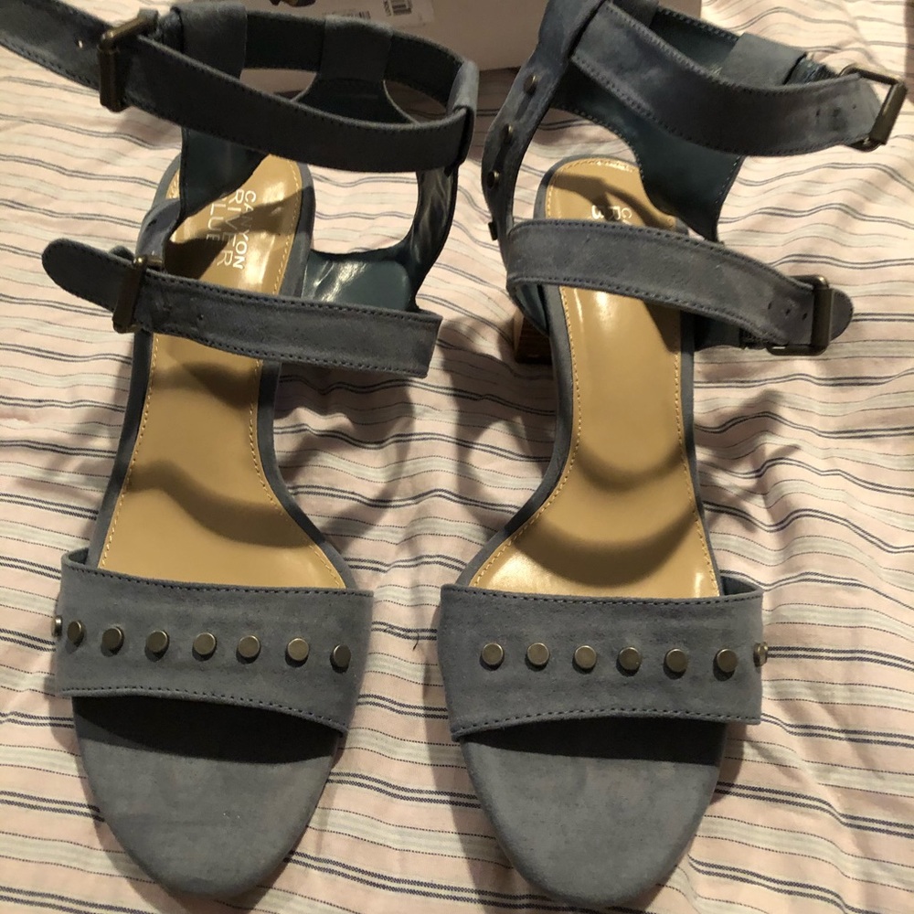 Blue 2 inch block heel w studs & double buckles